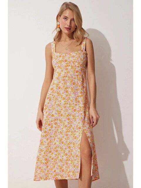 Hazelin Kadın Sarı Oranj Kare Yaka Çiçekli Yazlık Viskon Elbise HZL23S-BD122821 - S000040297-20072