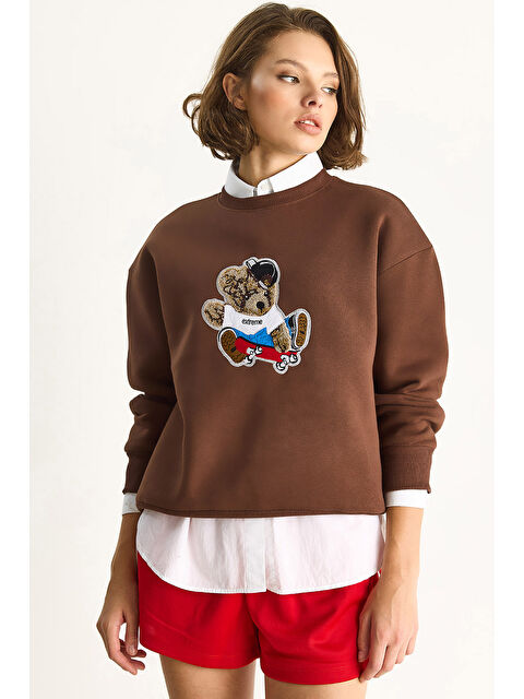 SHADE Kadın Teddy Nakış İşlemeli Bisiklet Yaka Salaş Sweatshirt - S000443368-19413