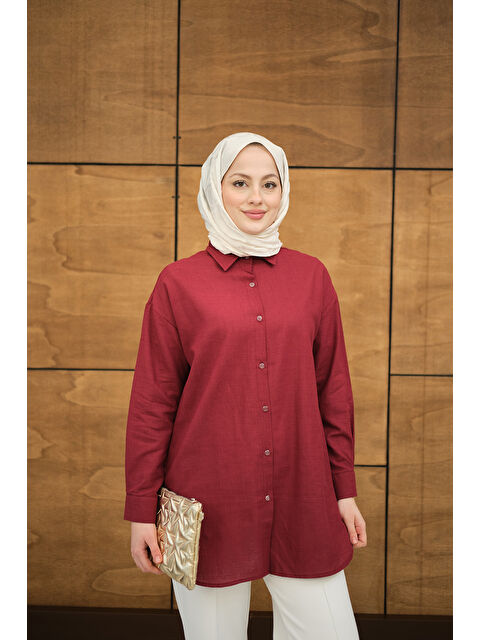 Locco Moda Kadın Şeffaf Düğme Detaylı Basic Gömlek Bordo - S000513576-19951