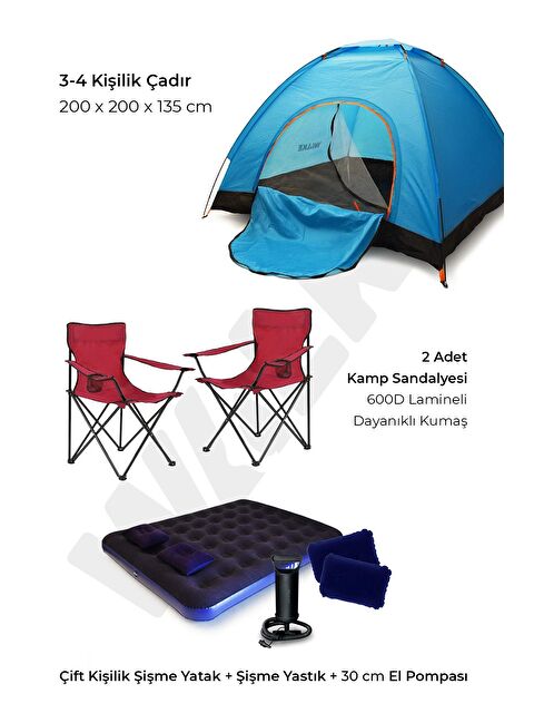 WALKE Lüks Kamp Seti 4 Kişilik Çadır Çift Kişilik Yatak 2 Adet Kırmızı Sandalye 2 Yastık Pompa - S000505680-17234