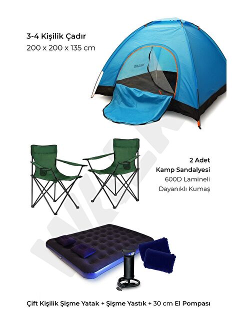 WALKE Lüks Kamp Seti 4 Kişilik Çadır Çift Kişilik Yatak 2 Adet Yeşil Sandalye 2 Yastık Pompa - S000505681-17234