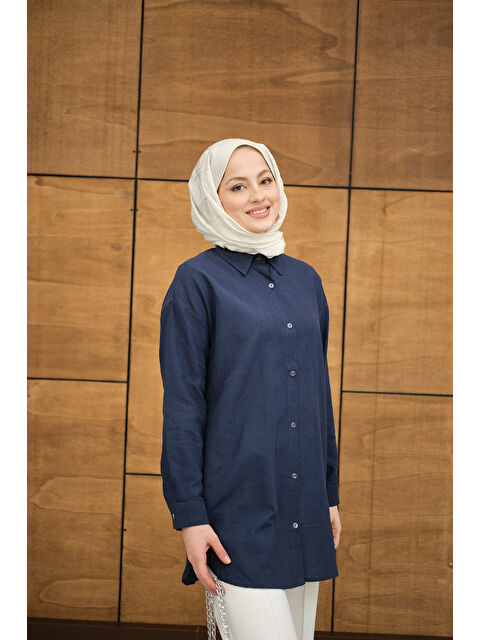 Locco Moda Kadın Şeffaf Düğme Detaylı Basic Gömlek Lacivert - S000513576-21164