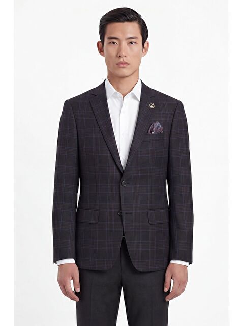 Sabri Özel Erkek Siyah Dar Kesim Slim Fit %100 Yün Ekose Dokuma Normal Bel 6 Drop Takım Elbise