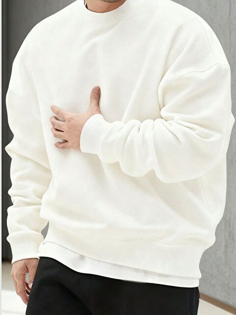 Trendseninle Erkek Beyaz Rahat Düz Sweatshirt - S000487680-20063