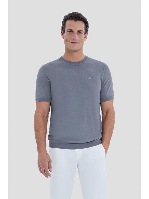 Sabri Özel Gri Slim Fit Triko Bisiklet Yaka Tişört - S000525440-20600