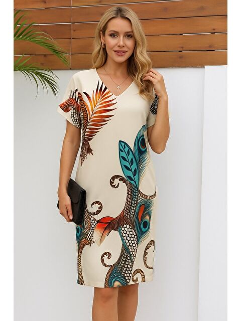 Jane's Kadın Kısa Kollu V Yakalı Desenli Mini Atlas Elbise - S000528185-19928