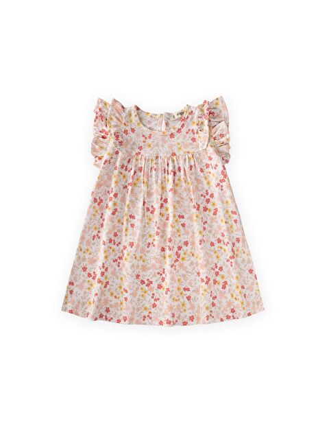 CİGİT Desenli Fırfırlı Elbise 1-8 Yaş Ekru