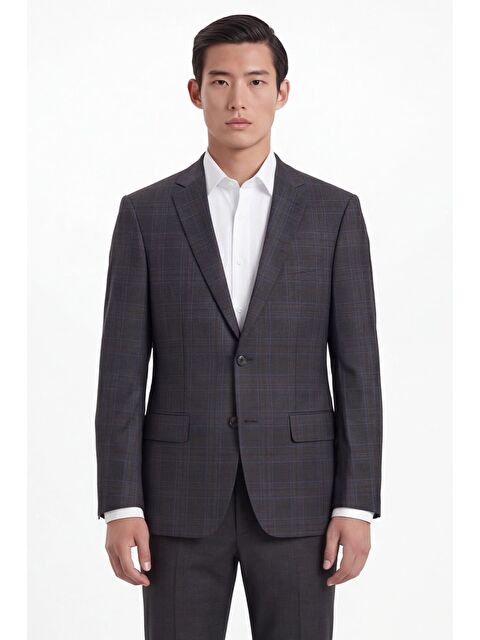Sabri Özel Erkek Koyu Gri Dar Kesim Slim Fit %100 Yün Ekose Dokuma Normal Bel 6 Drop Takım Elbise