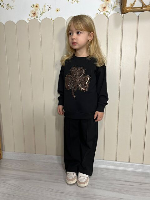 carla10 Kız Çocuk Kalpli Yonca Desenli Takım Siyah - S000492228-19351