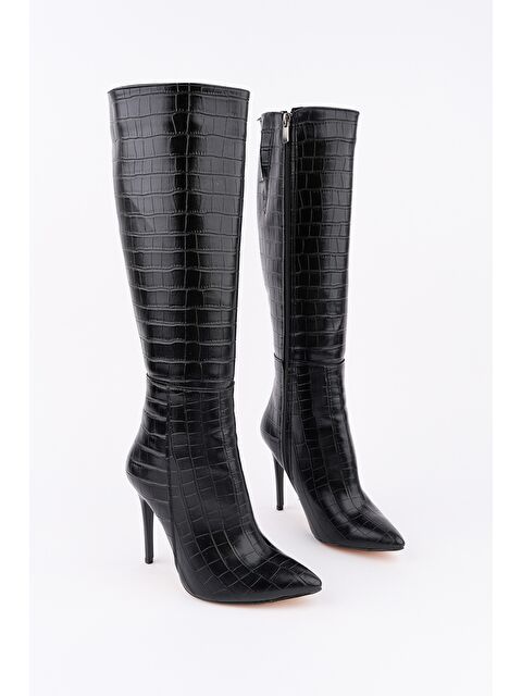 Muggo ZEST Kroko Desenli Sivri Burun Fermuarlı İnce Topuklu Kadın Çizme - S000441720-2530