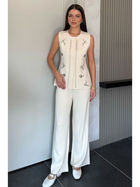 Gülseli Kadın Taş İşlemeli Triko Pantolon Yelek İkili Takım - S000448671-19966