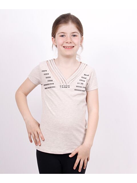 Toontoykids Kız Çocuk Yaka Biyeli Taşlı Tişört - S000255241-1358