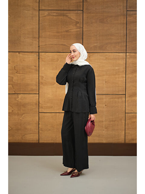 Locco Moda Kadın Beli Pile Detay İki Kemerli Gömlek Yaka Takım Siyah