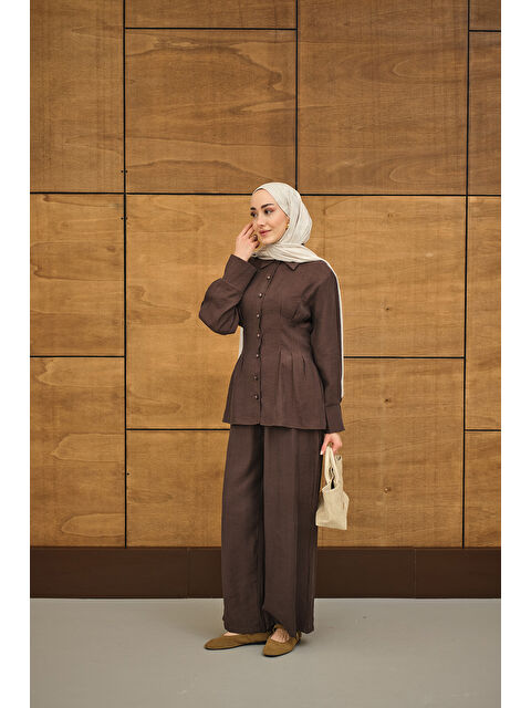 Locco Moda Kadın Beli Pile Detay İki Kemerli Gömlek Yaka Takım Kahverengi