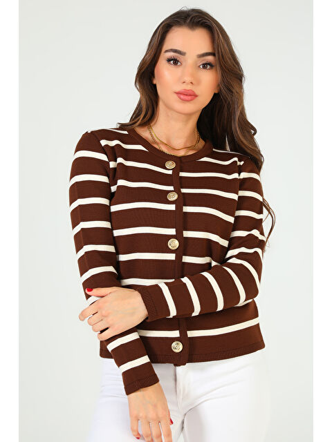 Gülseli Kadın Ön Düğmeli Çizgi Desenli Triko Hırka - S000300605-19413