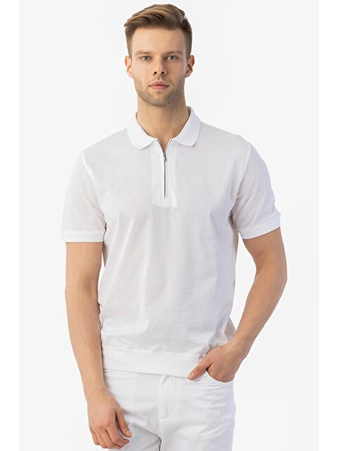 Sabri Özel Giotelli Beyaz Regular Fit %100 Pamuk Fermuarlı Polo Yaka Erkek Tişört - S000525463-20063