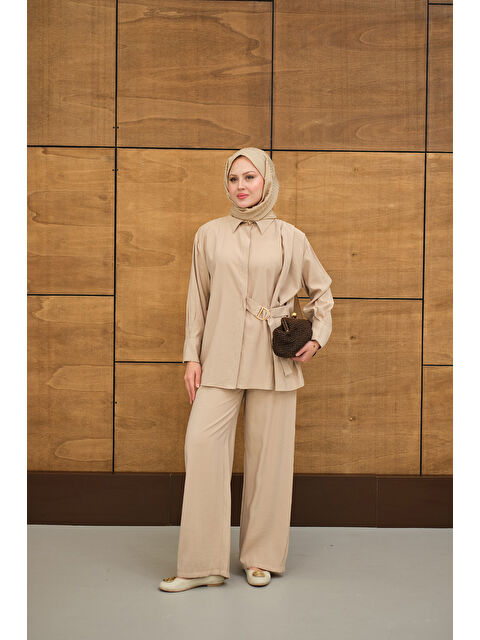 Locco Moda Kadın Beli Gold Kemer Detay Gömlek Yaka Takım Krem - S000513582-19966