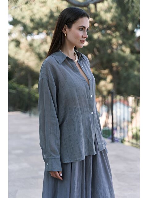 Bohemai Calynn Sırt Dekolteli Çizgili Füme Keten Gömlek - S000513526-33408