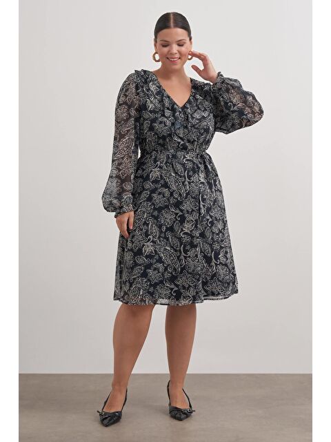 Mylinemoda V Yaka Fırfırlı Kuşaklı Elbise - S000329254-19351