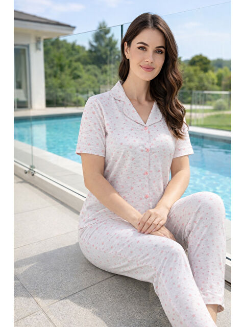 Remsa Kadın Desenli Kısa Kol Suprem Pijama Takımı 0249 Bej - S000513586-19928