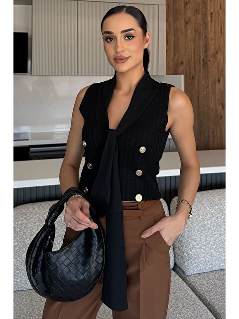 Gülseli Ön Bağlamalı Triko Yelek - S000445946-19351