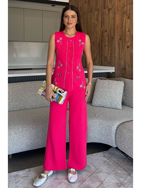 Gülseli Kadın Taş İşlemeli Triko Pantolon Yelek İkili Takım - S000448671-18686