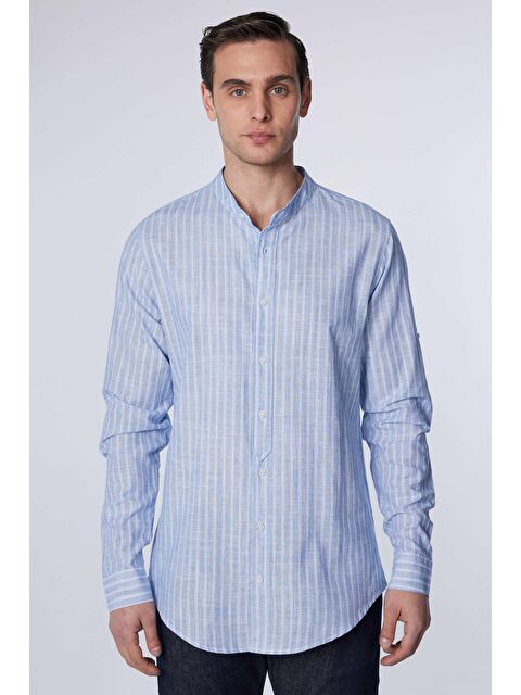 TUDORS Slim Fit Uzun Kollu Dar Kesim Hakim Yaka Çizgili Yazlık Keten Doku Erkek Gömlek