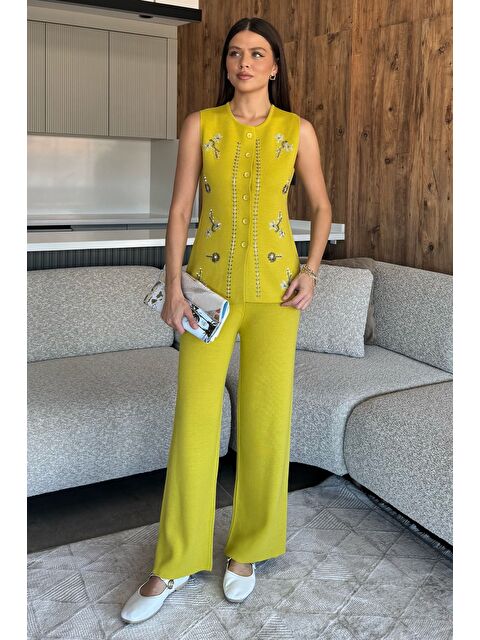 Gülseli Kadın Taş İşlemeli Triko Pantolon Yelek İkili Takım - S000448671-18194