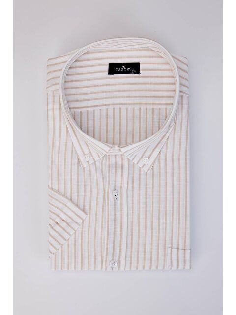 TUDORS Büyük Beden Kısa Kol Çizgili Düğmeli Yaka Tek Cep Keten Efekt Yazlık Beyaz Erkek Gömlek