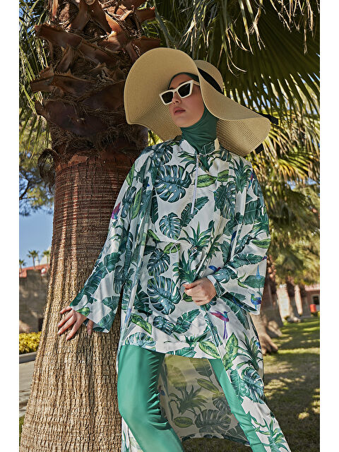 Remsa Mayo Tesettür Mayo Üzerine Tek Kaftan Kimono Pareo RP017 Yeşil Yapraklar - S000287393-18194