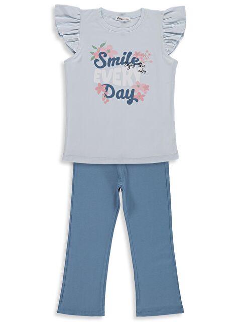 Civil Girls Kız Çocuk Smile Baskılı 6-9 Yaş Takım - Açık Mavi-Koyu İndigo