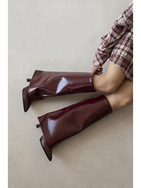 Straswans Adelin Kadın Tozluk Detay Kırışık Deri Çizme Bordo - S000512917-19951