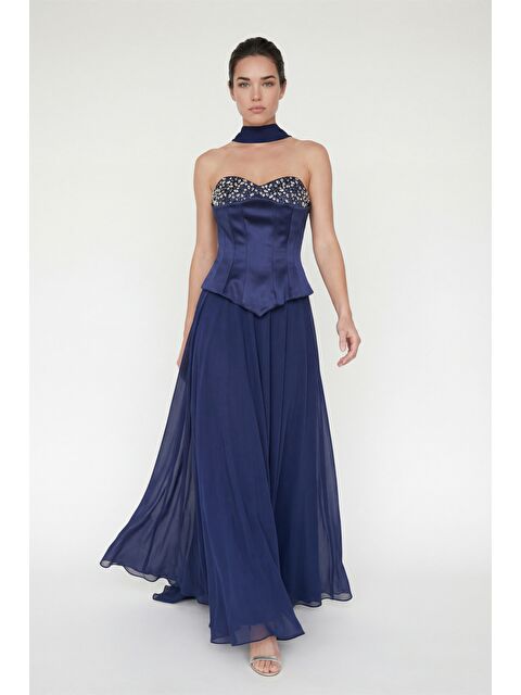 Lafaba Kadın Lacivert Straplez Yaka Taşlı Peplum Detay Uzun Abiye Elbise - S000509993-21164