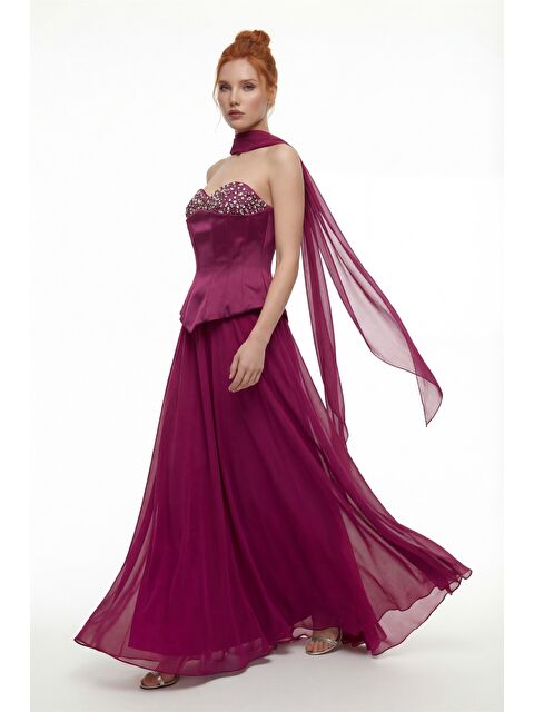 Lafaba Kadın Bordo Straplez Yaka Taşlı Peplum Detay Uzun Abiye Elbise - S000509993-19951