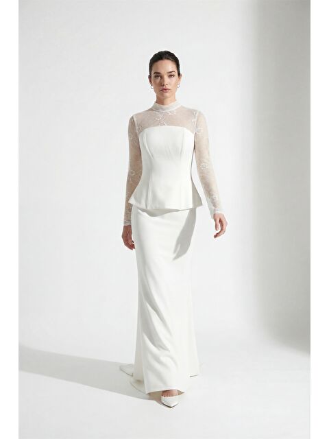 Lafaba Kadın Beyaz Dantel Detay Uzun Balık Abiye Elbise - S000509992-20063