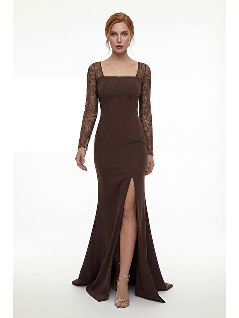 Lafaba Kadın Kahverengi Kare Yaka Dantelli Uzun Balık Abiye Elbise - S000509991-19413