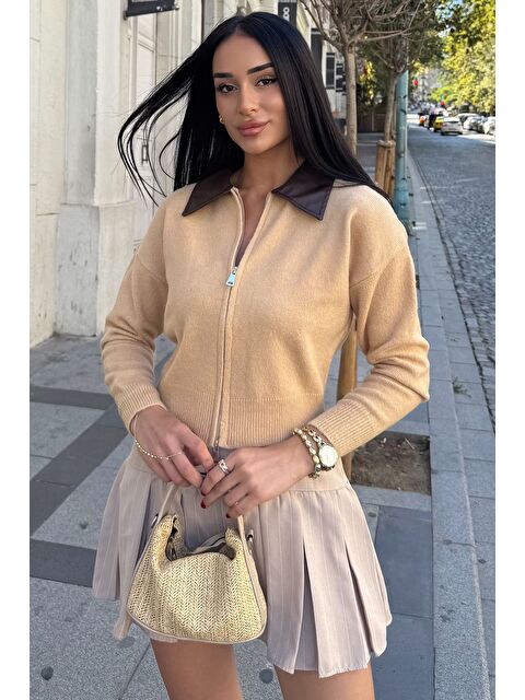 Gülseli Kadın Polo Yaka Deri Garnili Fermuarlı Triko Hırka (s-m-l Beden Uyumludur.) - S000445230-19928