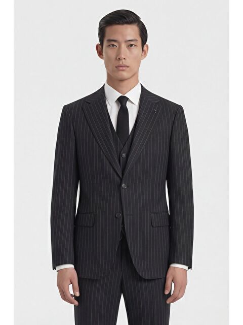 Sabri Özel Giotelli Erkek Siyah Dar Kesim Slim Fit Viskon Çizgili Yan Cep Normal Bel 6 Drop Takım Elbise