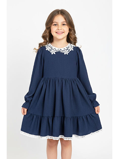 Modanino Kız Çocuk Elbise -Bürümcük Kumaş-Yaka ve Etek Uçları Nakış Detaylı 4-9 Yaş 12516 - S000512924-23093