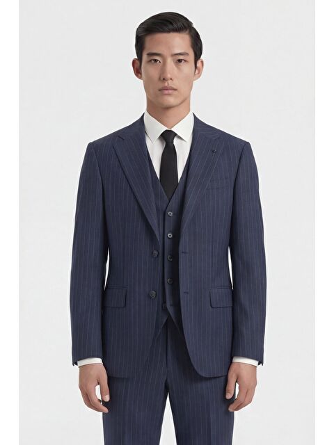 Sabri Özel Giotelli Erkek Lacivert Dar Kesim Slim Fit Viskon Çizgili Yan Cep Normal Bel 6 Drop Takım Elbise