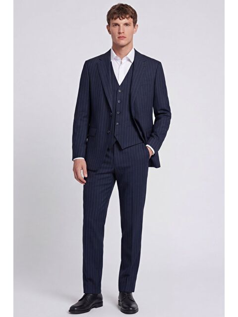 Sabri Özel Giotelli Erkek Lacivert Dar Kesim Slim Fit Viskon Dokuma Çizgili Klasik Yaka 6 Drop Takım Elbise