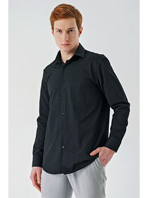 İMZA Siyah Uzun Kollu Desenli Armürlü Sert Yaka Pamuklu Klasik Comfort Rahat Kesim Gömlek 1004240190 - S000356876-19351