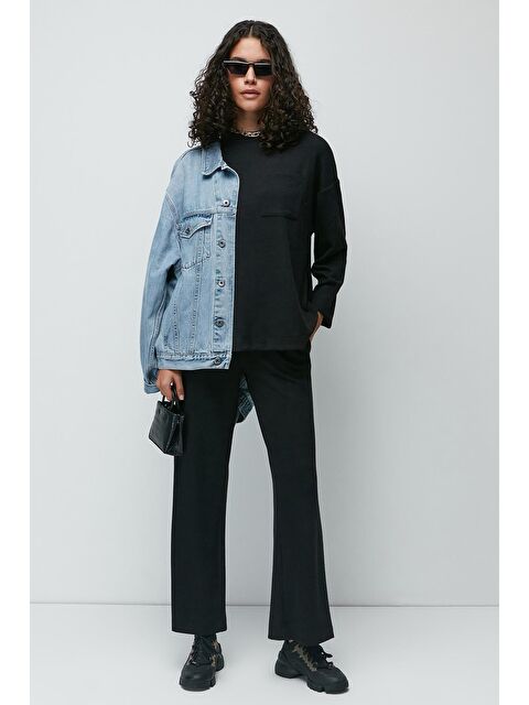 C&City Fitilli Cepli Tişört İspanyol Paça Pantolon Takım 9132 Siyah - S000216935-19351