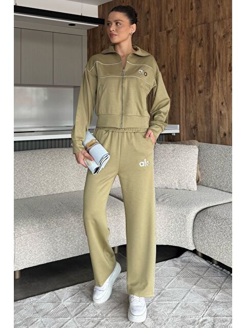 Gülseli Kadın Şeritli Bel Lastikli Palazzo Pantolon Fermuarlı Sweat İkili Takım - S000448670-18547