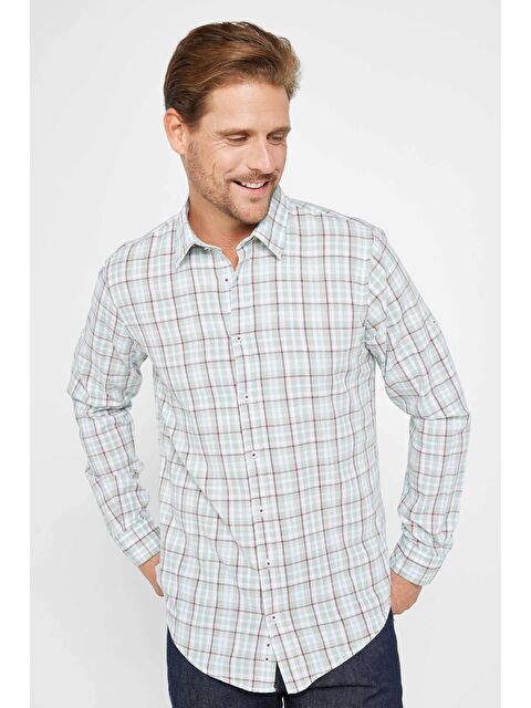 TUDORS Erkek Slim Fit Dar Kalıp Kareli Keten Doku Yazlık Gömlek