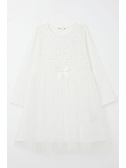 Breeze Kız Çocuk Uzun Kollu Elbise Çiçek Güpür Nakışlı Beyaz (4-8 Yaş) - S000355958-20063