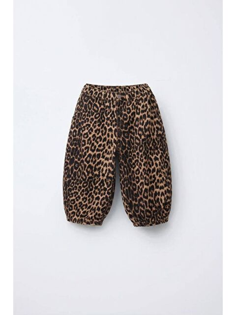 Magu Kız Çocuk Pamuklu Kahverengi Leopar Desenli Pantolon - Elastik Belli Rahat Kalıp - S000446531-23173