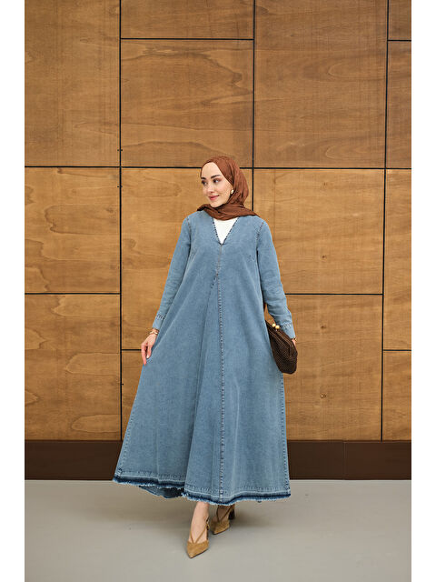 Locco Moda Kadın Yakası V Detaylı Kemerli Elbise Buz Mavi - S000511144-3053