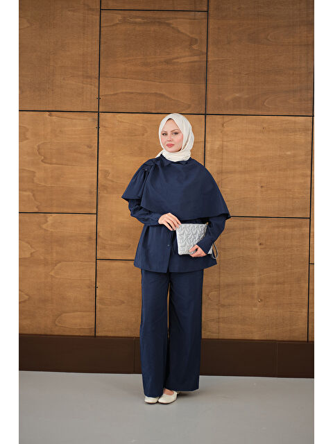 Locco Moda Kadın Şal Detay Bel Bağlamalı Gömlekli Takım Lacivert - S000513595-21164