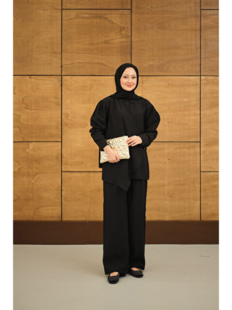 Locco Moda Kadın Gold Düğme Detaylı Pantolonlu Modal Takım Siyah - S000513594-19351